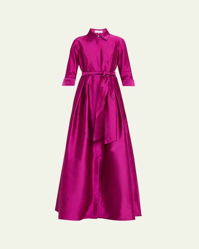 3/4-Sleeve Taffeta Shirtdress Gown